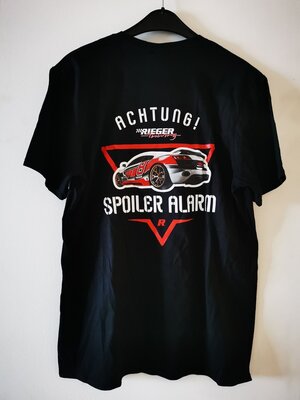 T-Shirt &quot;Spoiler Alarm&quot; Merchandise man of vrouw zwart maat L / rugprint