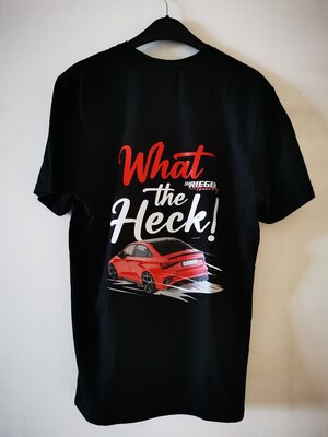 T-Shirt &quot;What The Heck&quot; Merchandise Mannen of vrouwen zwart maat L / rugprint