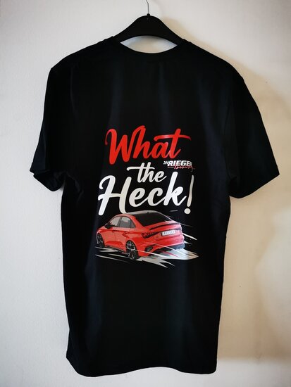 T-Shirt &quot;What The Heck&quot; Merchandise Mannen of vrouwen zwart maat M / rugprint